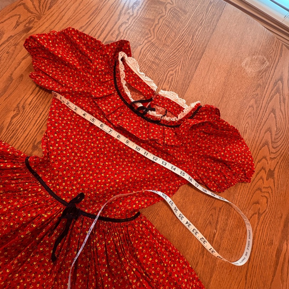 Vintage Custom Red Chintz Floral Square Dance Dress Ruffles & Ribbons Circle S - Picture 9 of 9